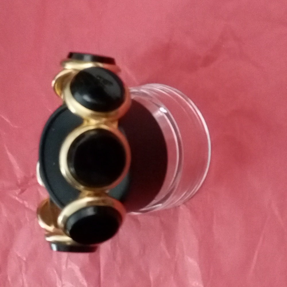 Black Button Clamper Bracelet Gold Tone